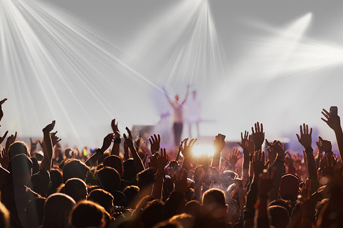 Crowd with raised hands at the concert feat